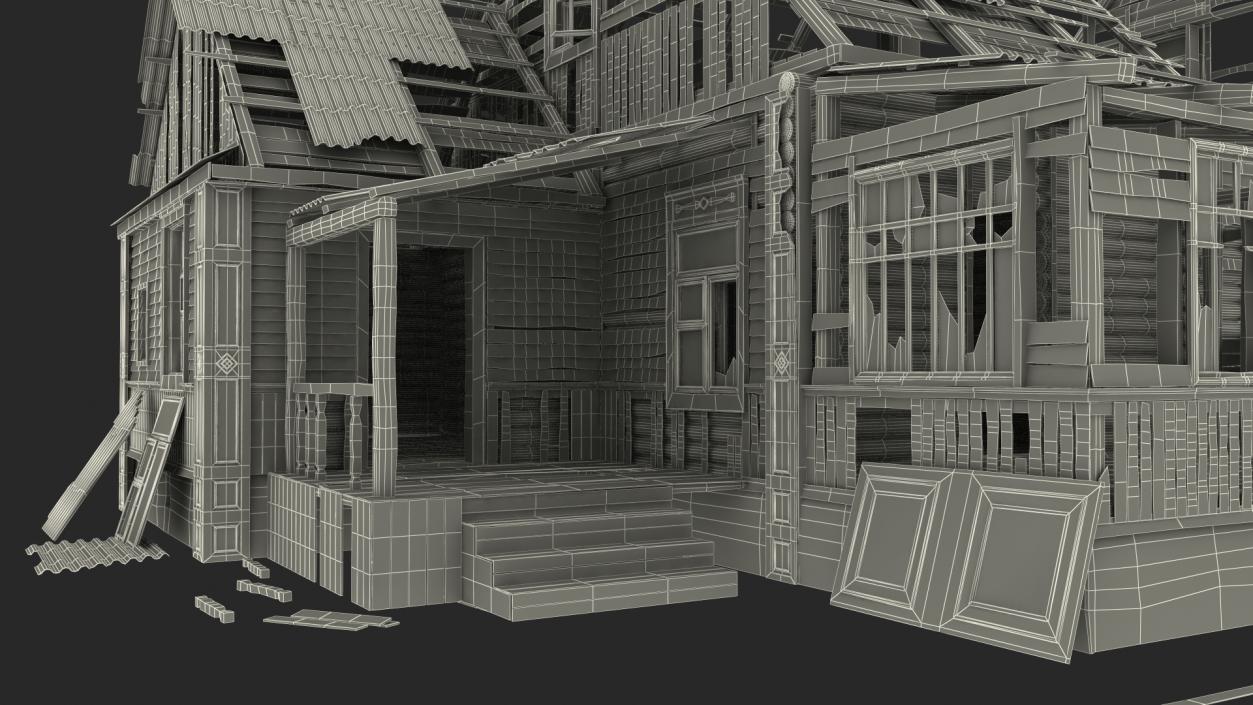 3D Burnt Wooden Down House Blue model