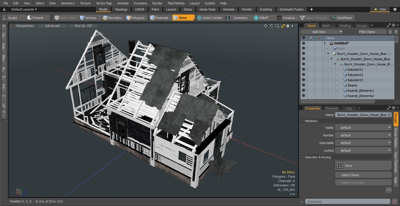 3D Burnt Wooden Down House Blue model