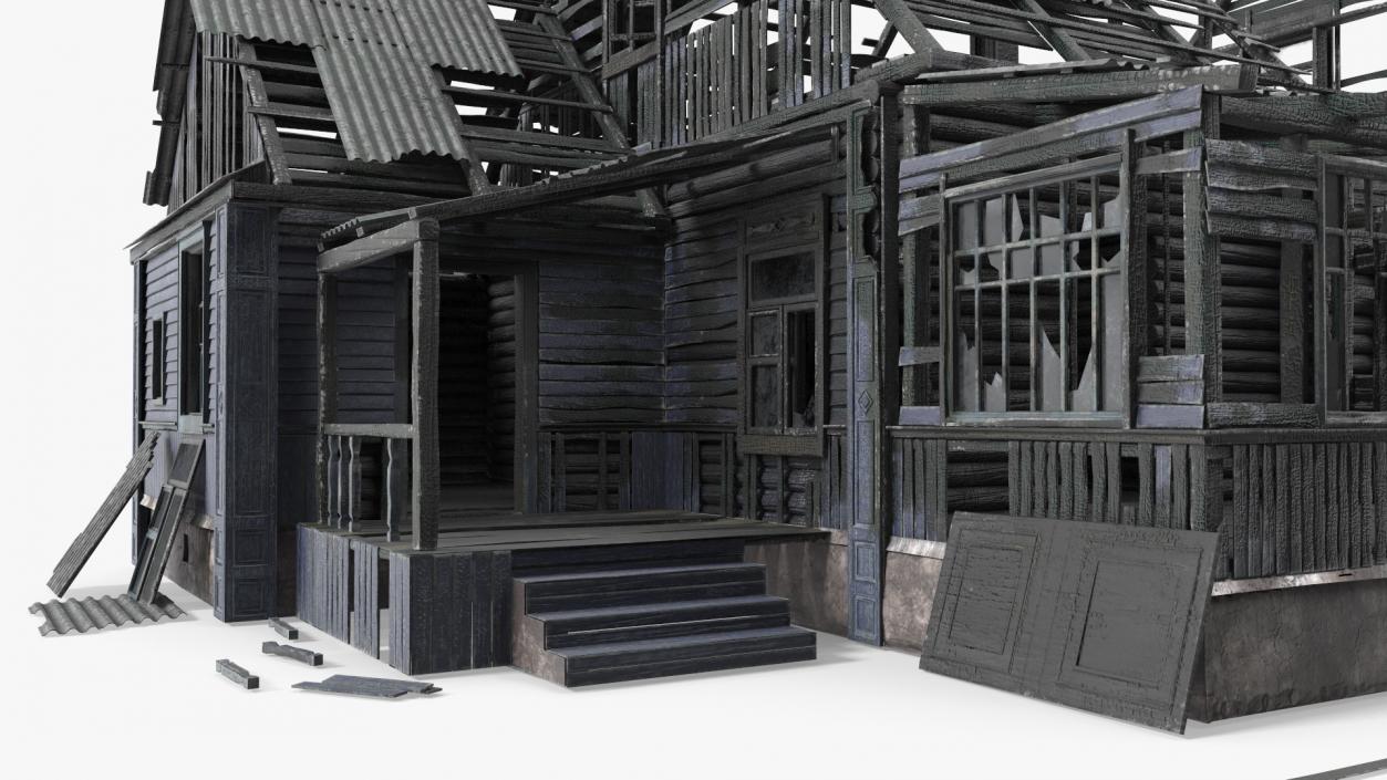 3D Burnt Wooden Down House Blue model