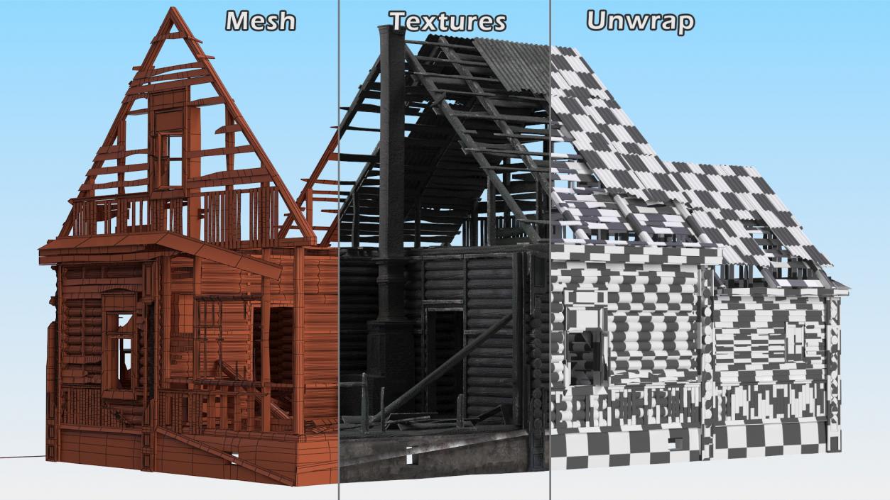 3D Burnt Wooden Down House Blue model