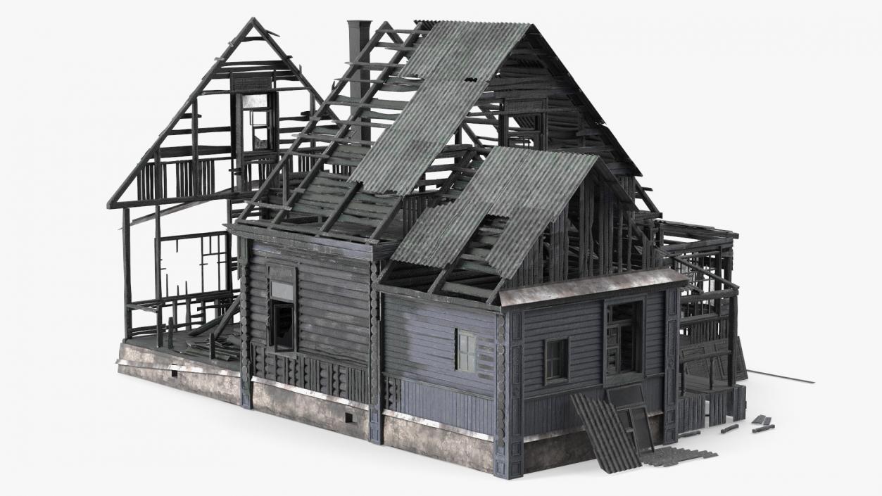 3D Burnt Wooden Down House Blue model