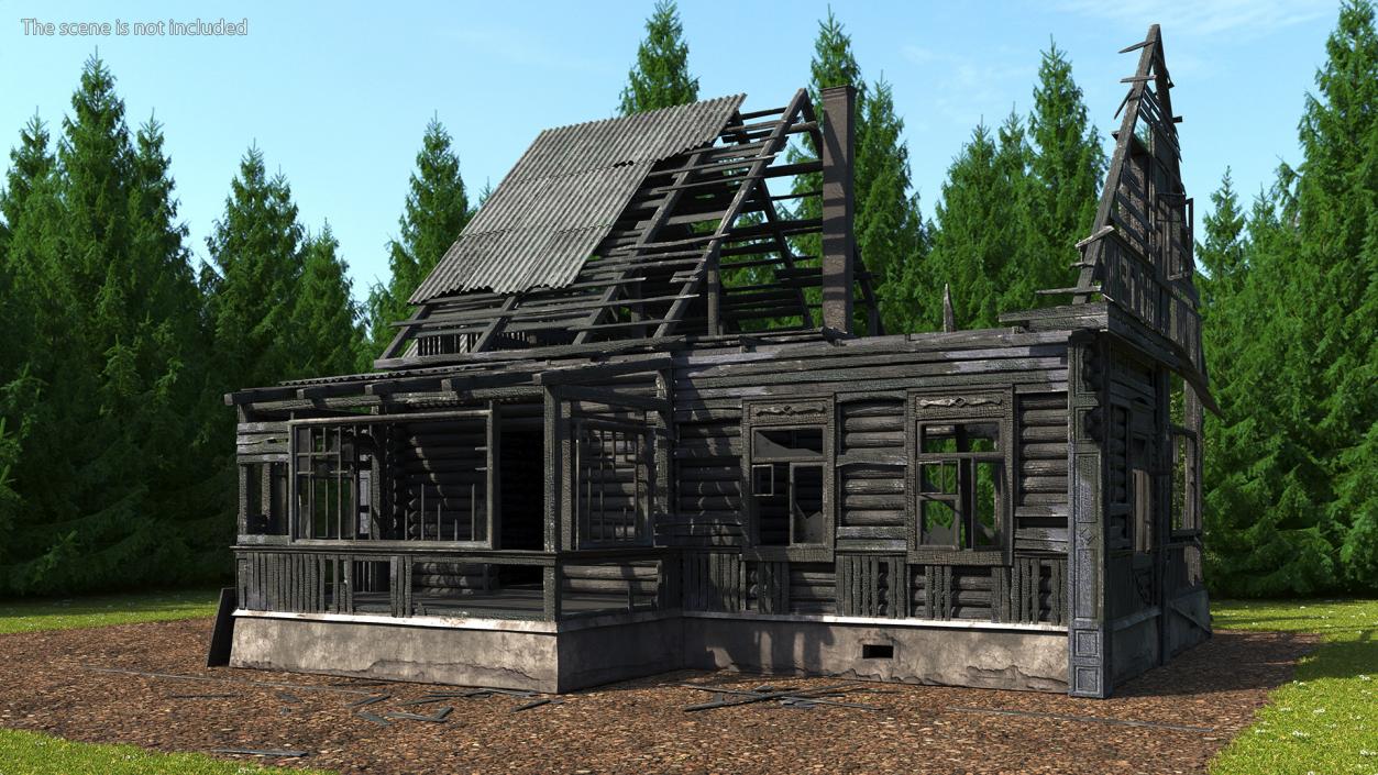 3D Burnt Wooden Down House Blue model