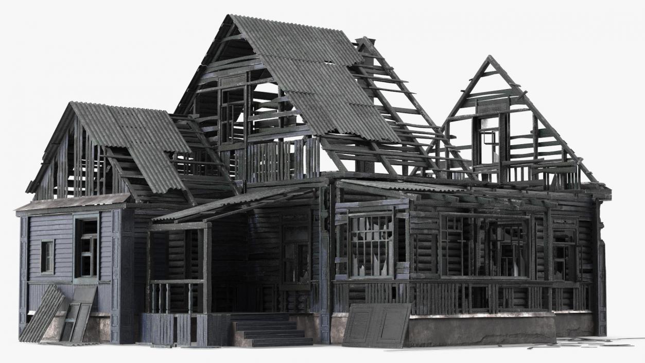 3D Burnt Wooden Down House Blue model