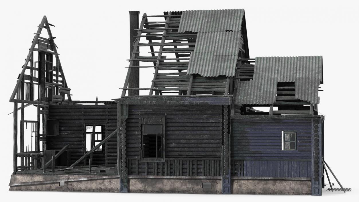 3D Burnt Wooden Down House Blue model