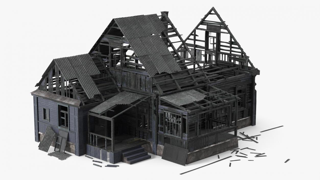 3D Burnt Wooden Down House Blue model