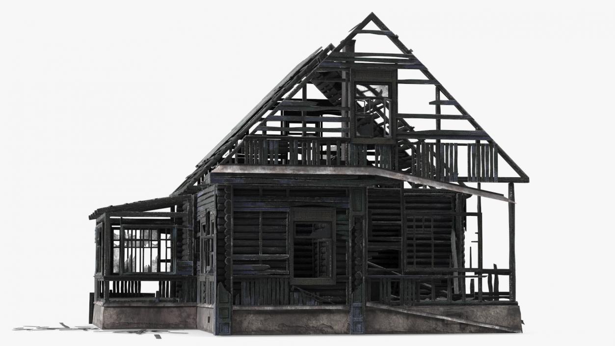 3D Burnt Wooden Down House Blue model