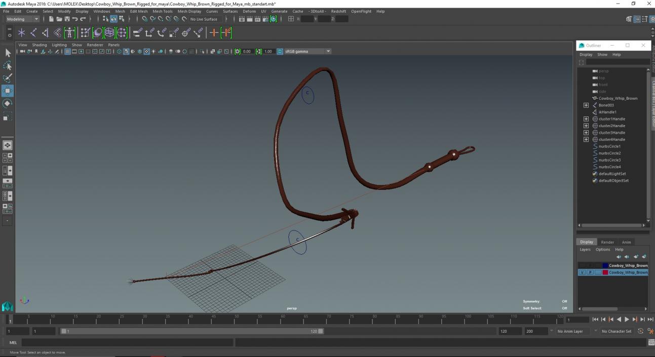 3D Cowboy Whip Brown Rigged for Maya model