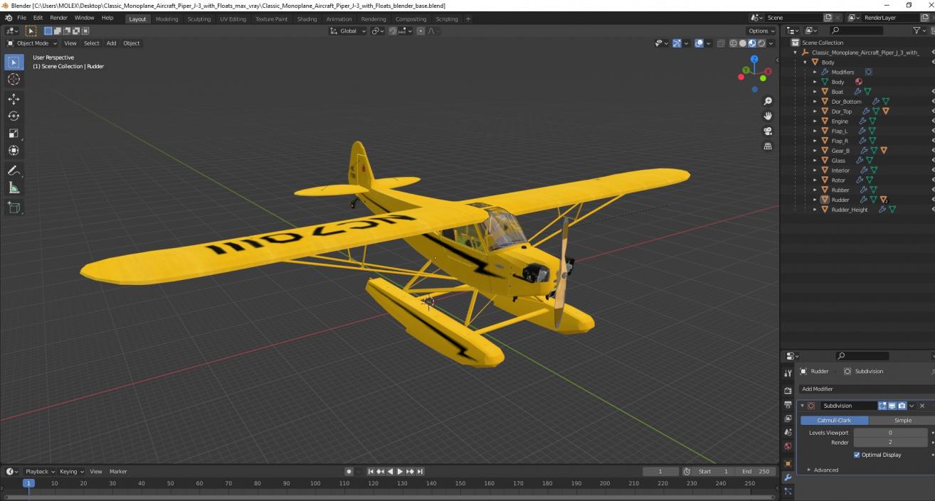 3D Classic Monoplane Aircraft Piper J-3 with Floats model