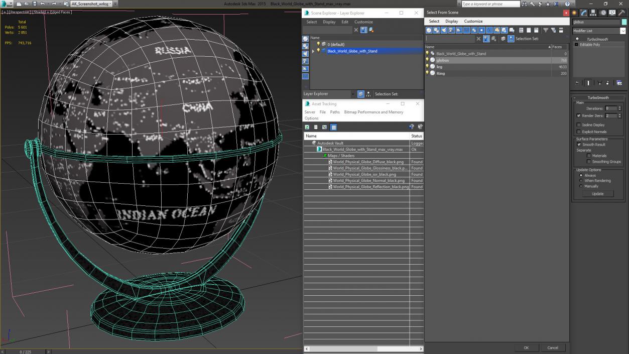 3D Black World Globe with Stand model