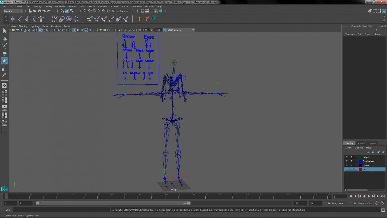 Realistic Asian Baby Girl in Traditional Clothes Rigged for Maya 3D model