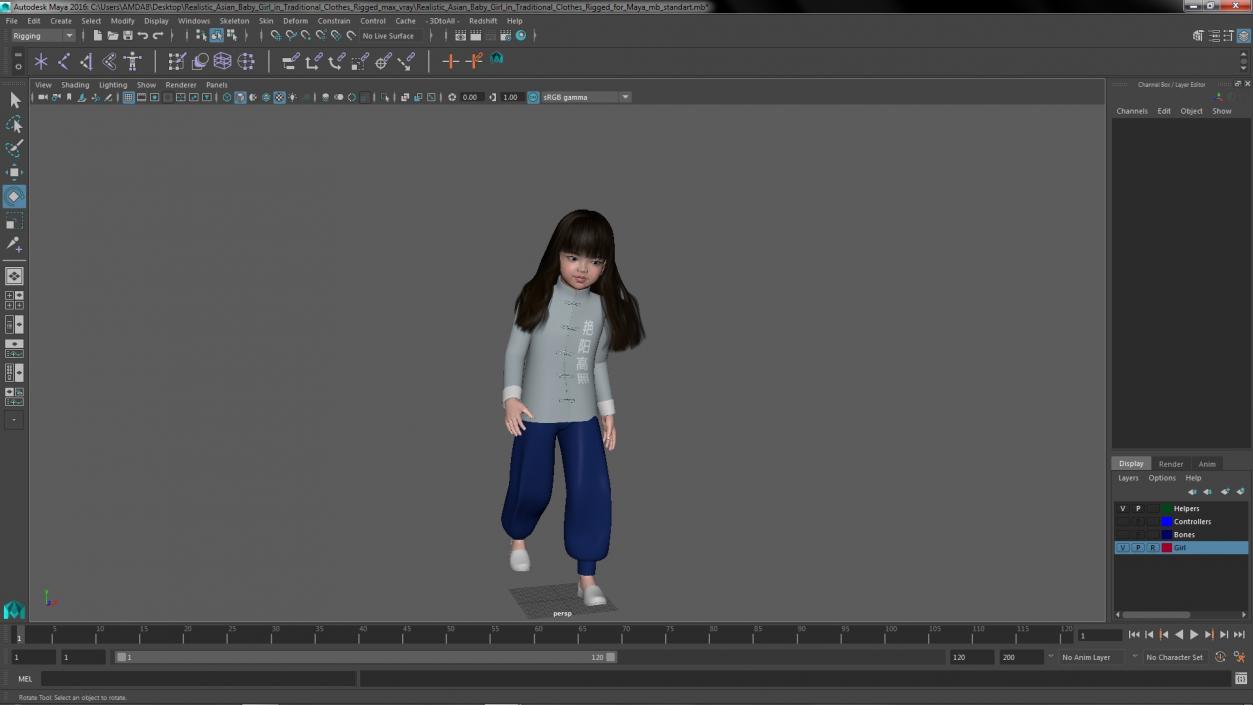 Realistic Asian Baby Girl in Traditional Clothes Rigged for Maya 3D model