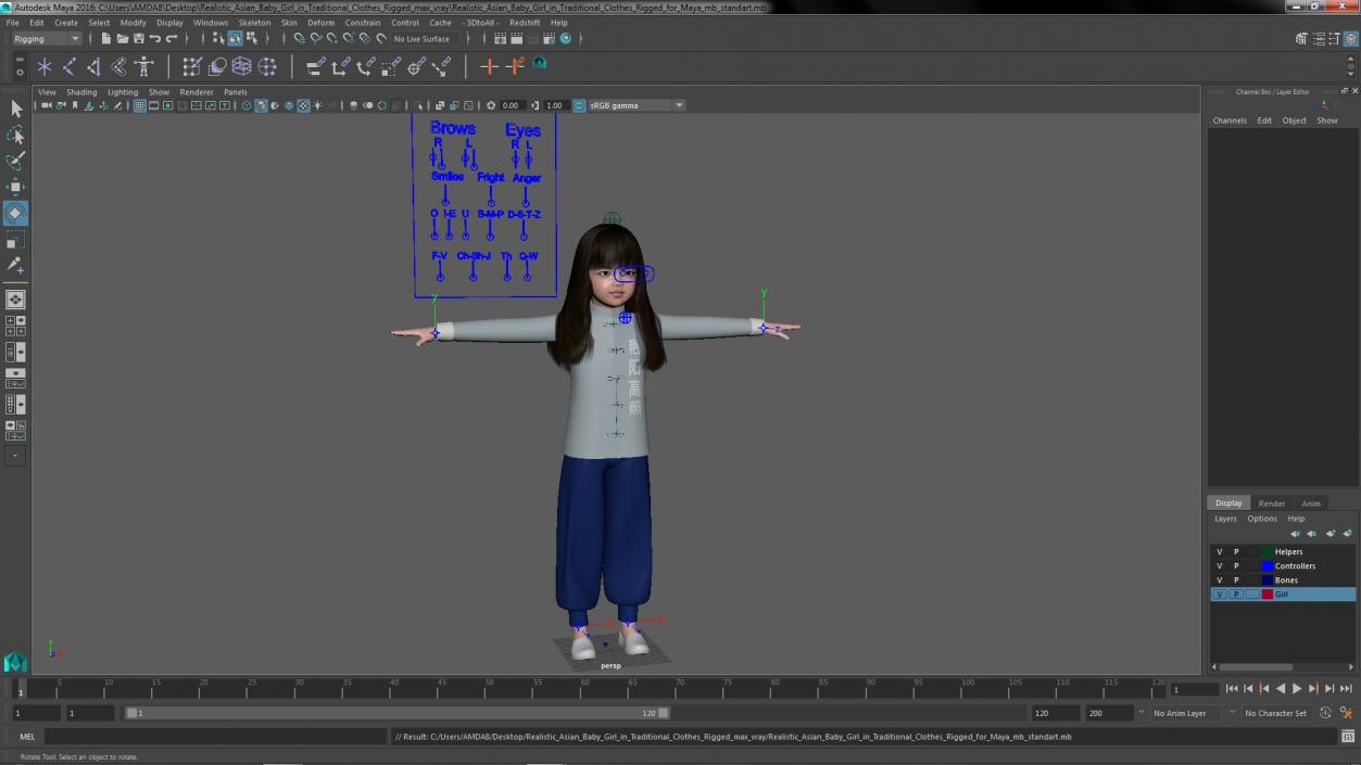 Realistic Asian Baby Girl in Traditional Clothes Rigged for Maya 3D model