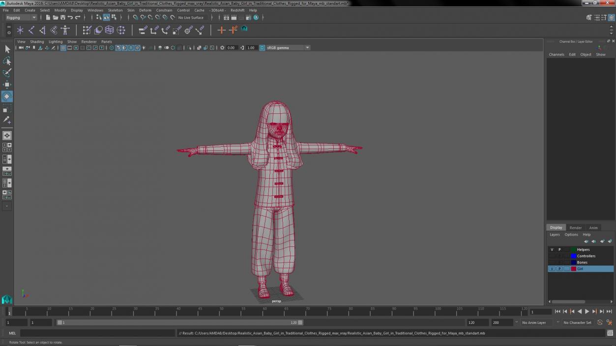 Realistic Asian Baby Girl in Traditional Clothes Rigged for Maya 3D model