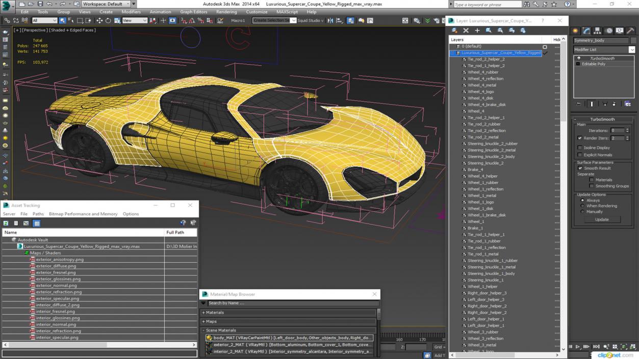 Luxurious Supercar Coupe Yellow Rigged for Maya 3D