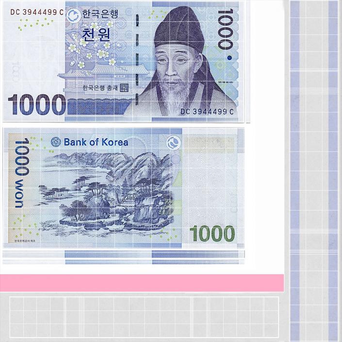 South Korean 1000 Won Banknote Bundle 3D