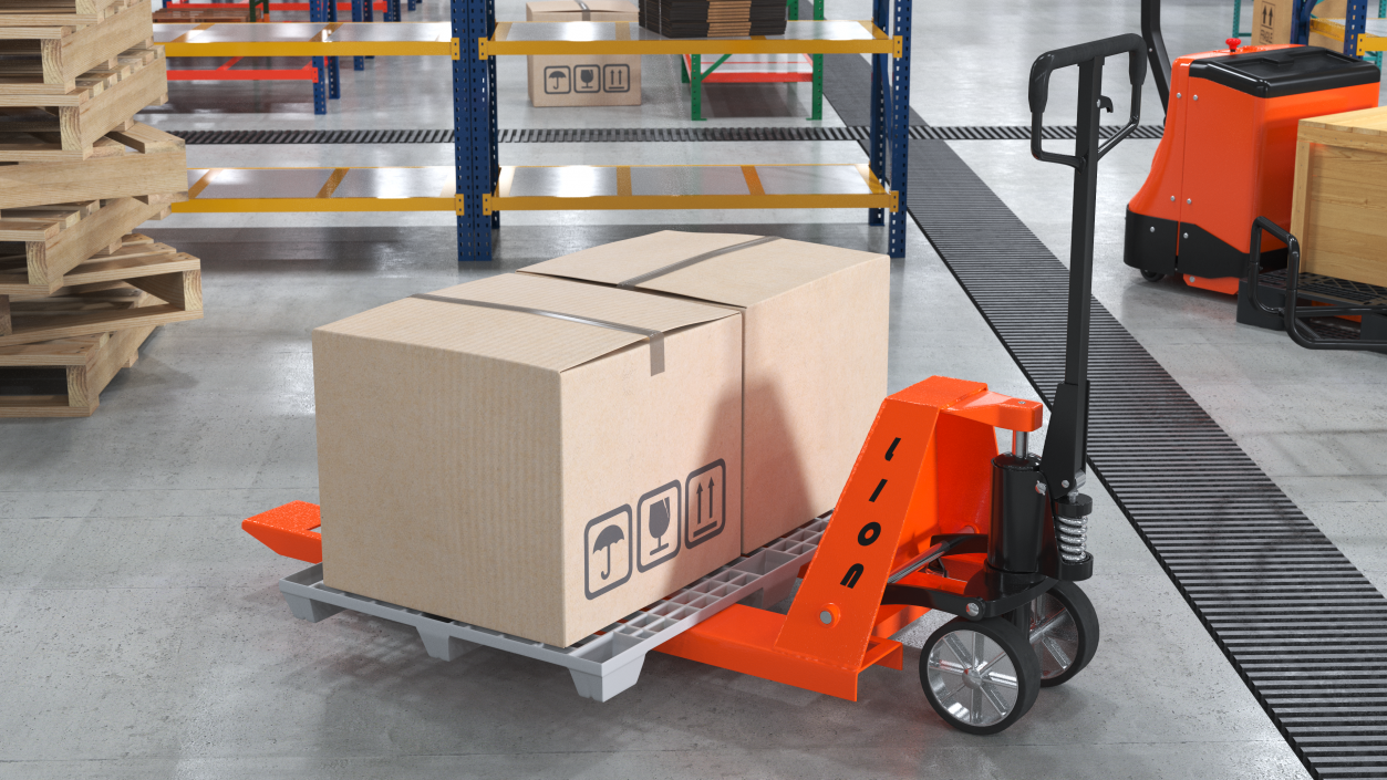 3D Lion Premium Hand Pallet Truck with Boxes Rigged model