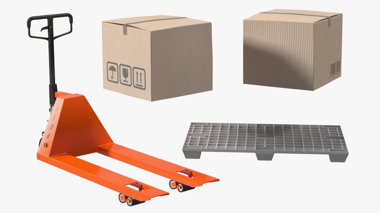 3D Lion Premium Hand Pallet Truck with Boxes Rigged model