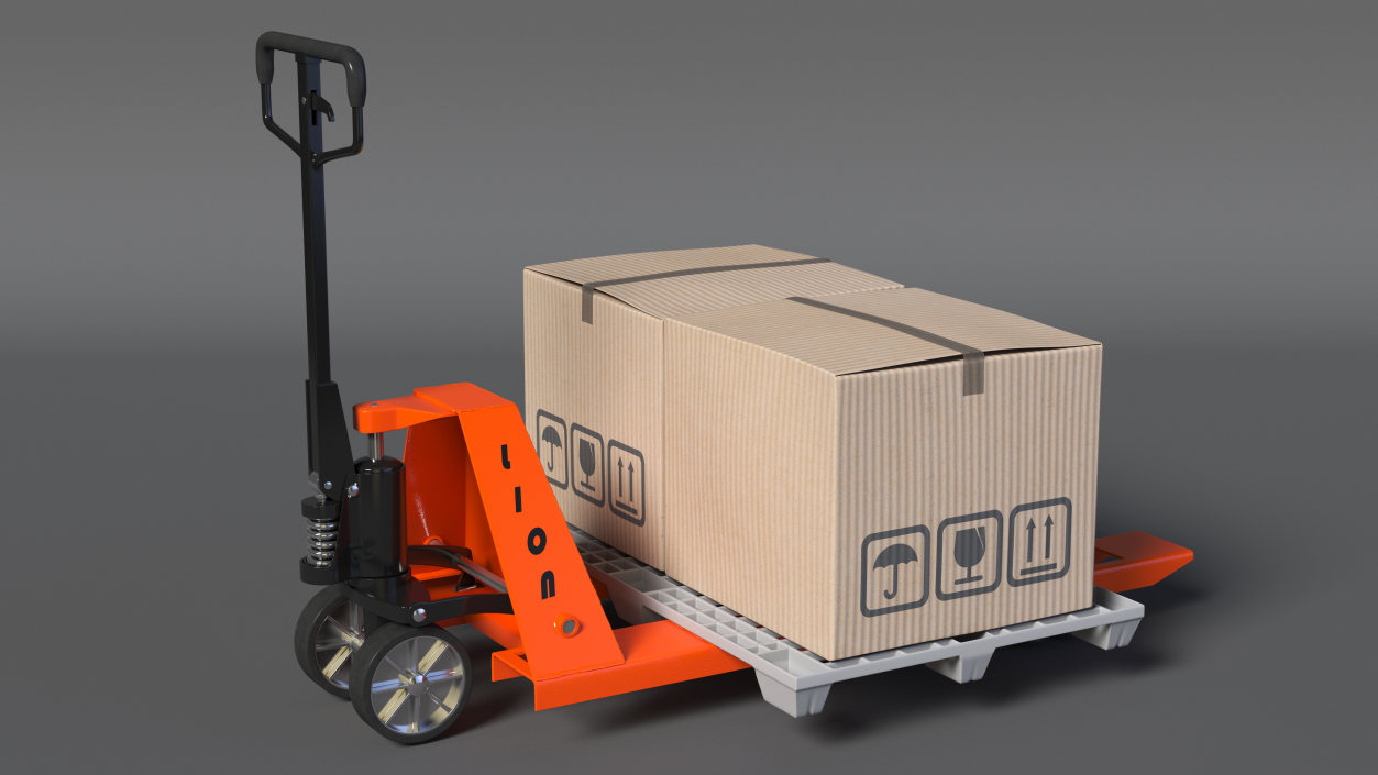 3D Lion Premium Hand Pallet Truck with Boxes Rigged model