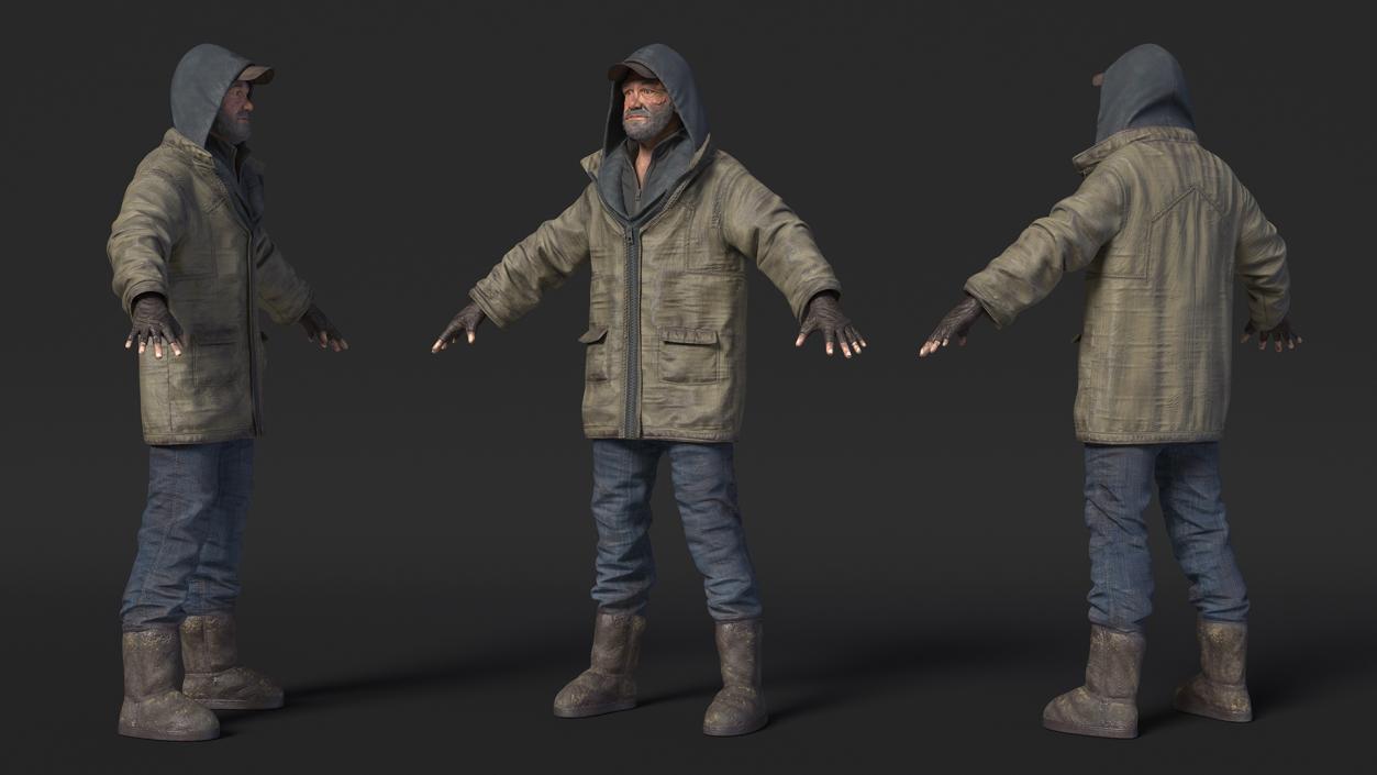 3D Homeless Old Man A-Pose model