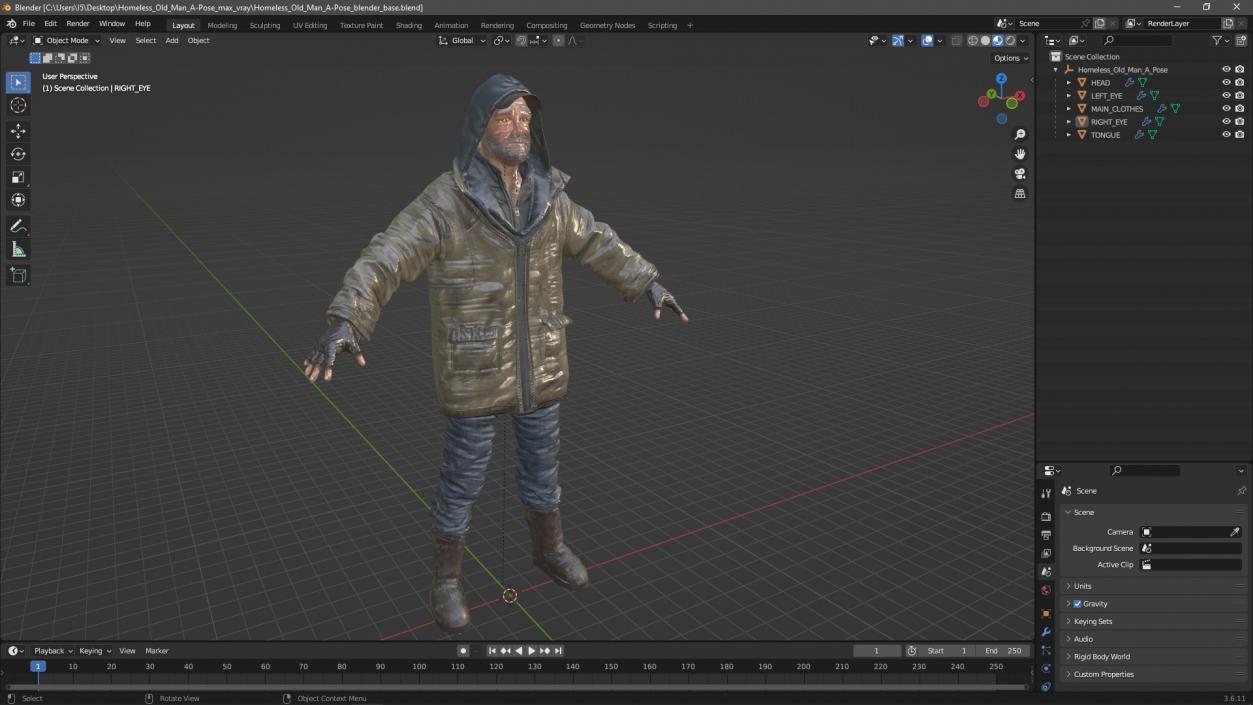 3D Homeless Old Man A-Pose model