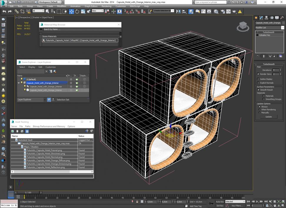 Capsule Hotel with Orange Interior 3D model