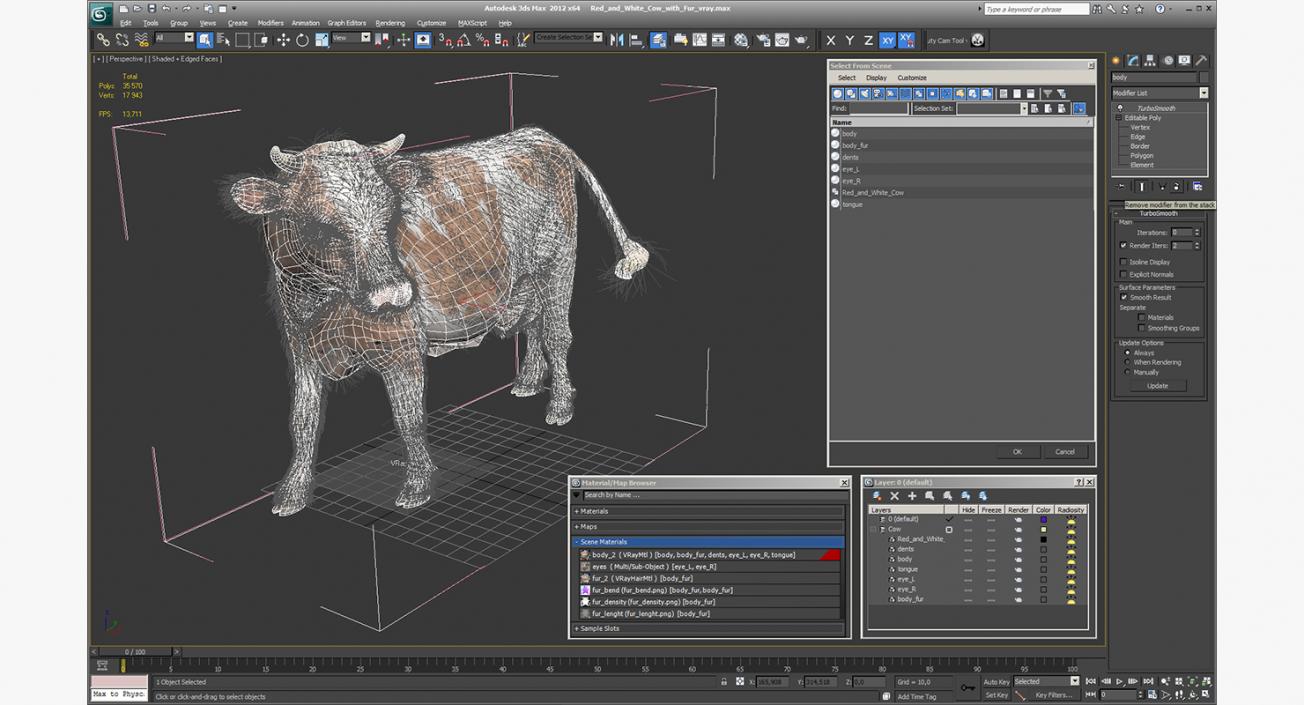 3D Red and White Cow with Fur