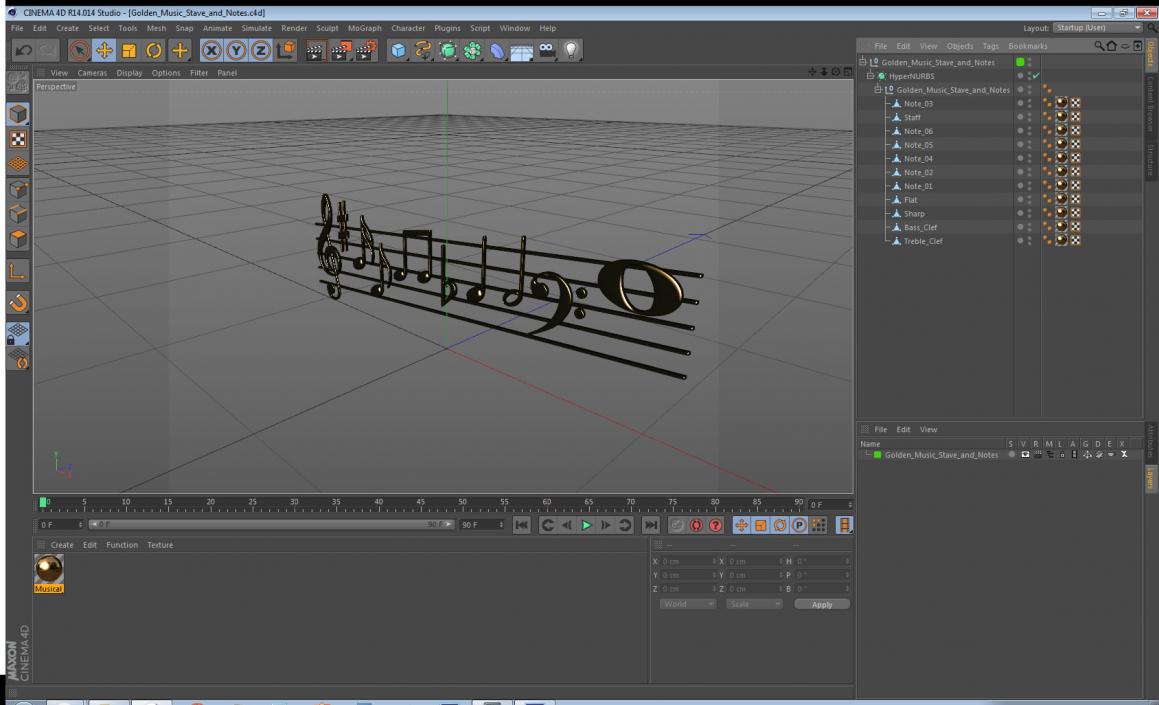 3D Golden Music Stave and Notes model