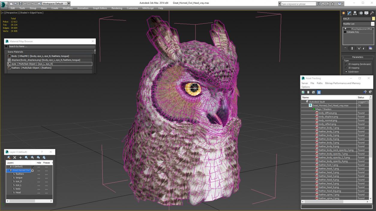 3D Great Horned Owl Head