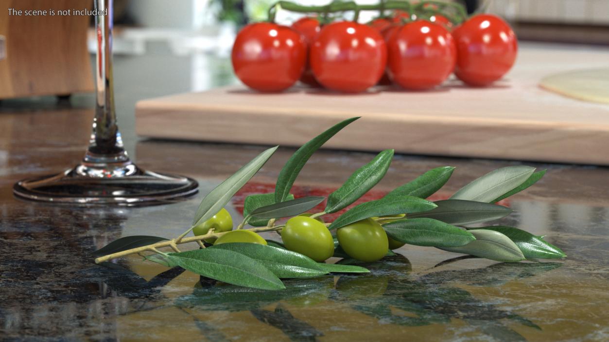 3D Olive Branch with Green Olives Lying