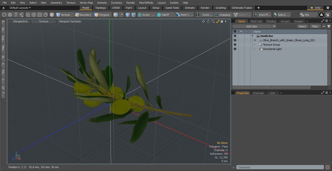 3D Olive Branch with Green Olives Lying