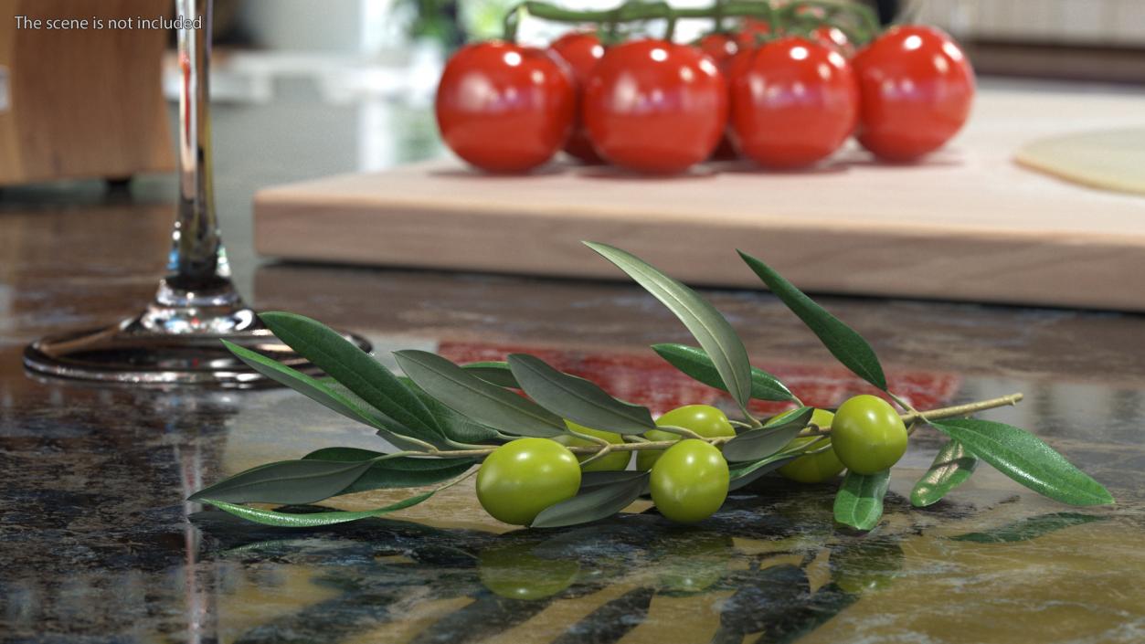 3D Olive Branch with Green Olives Lying