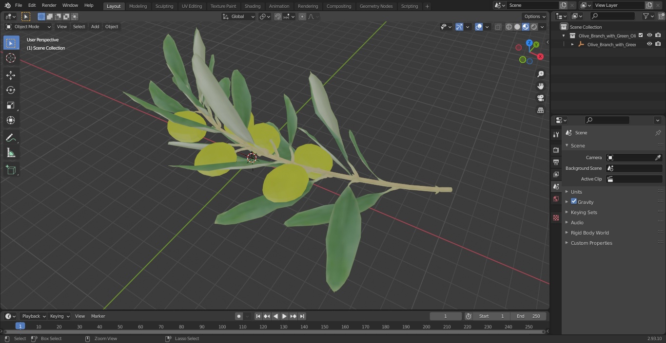 3D Olive Branch with Green Olives Lying