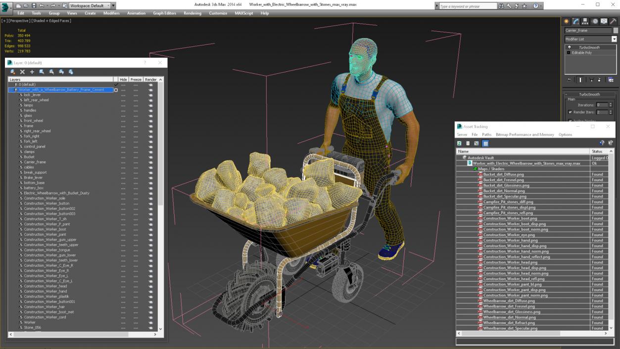 Worker with Electric Wheelbarrow with Stones 3D model