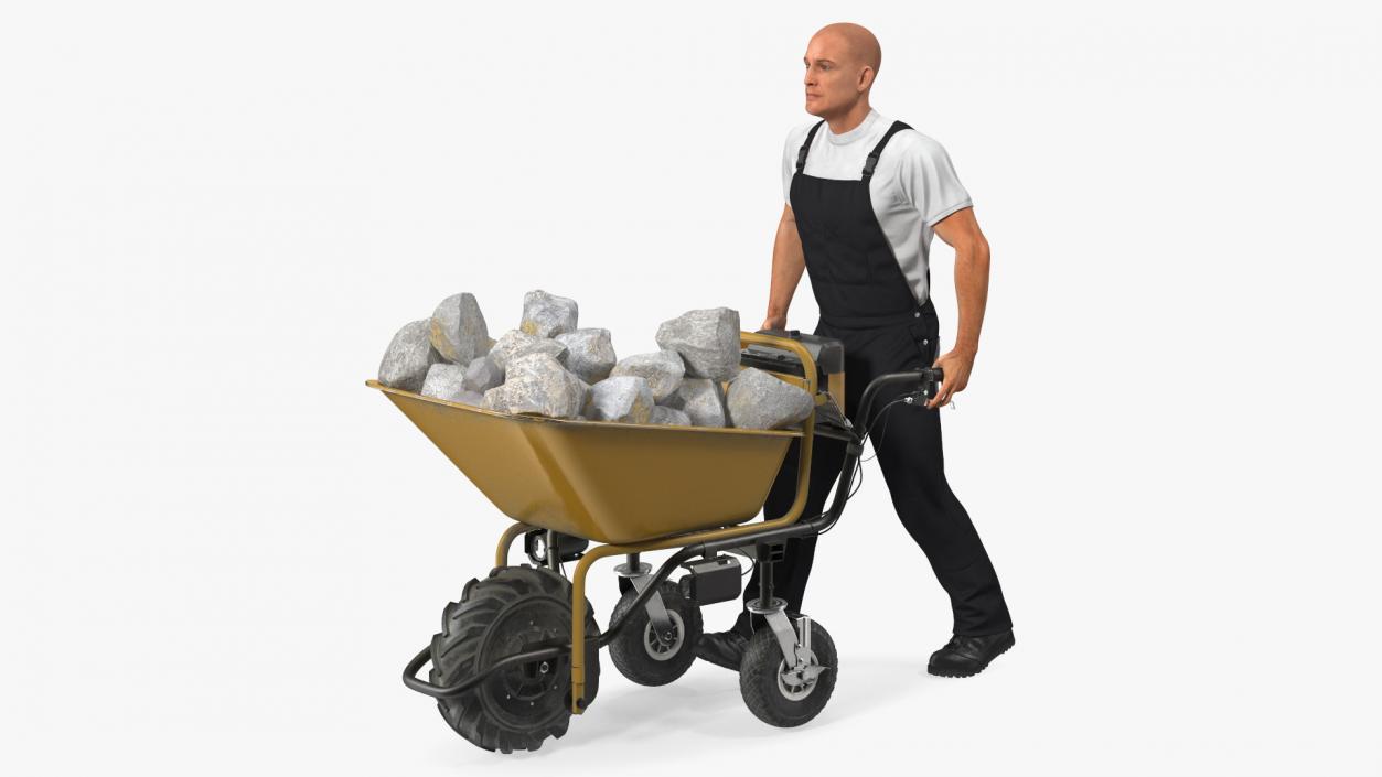 Worker with Electric Wheelbarrow with Stones 3D model