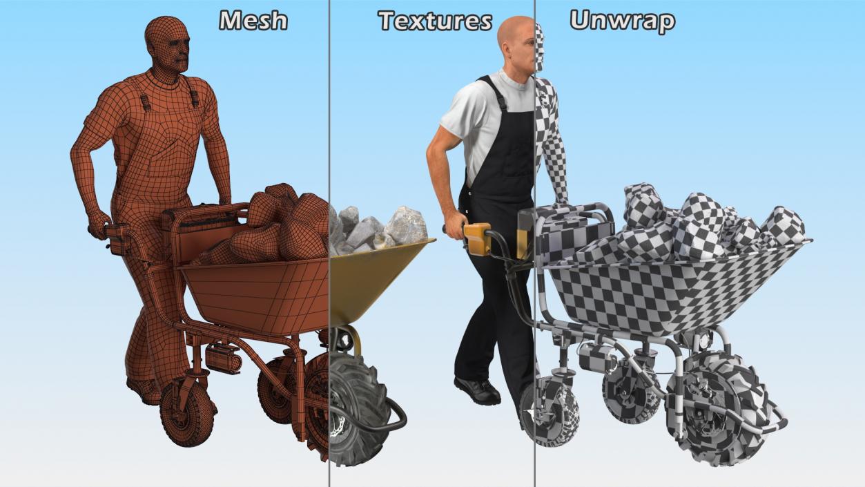 Worker with Electric Wheelbarrow with Stones 3D model