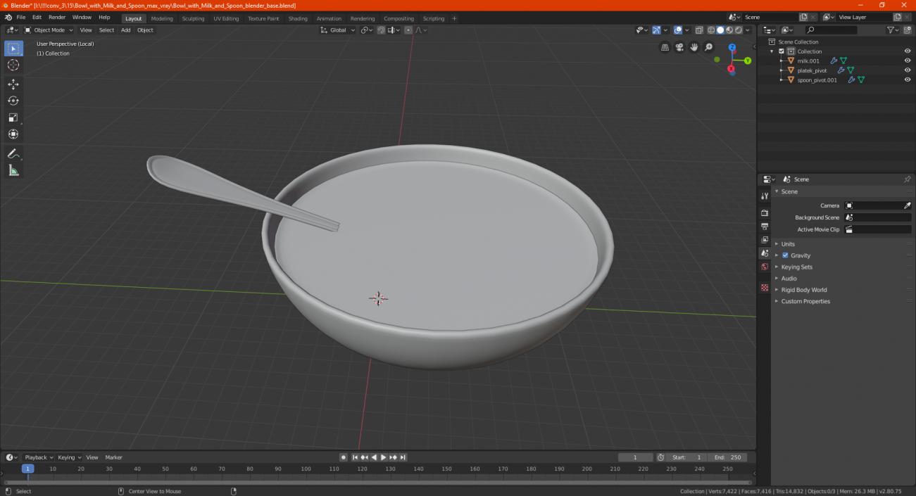 Bowl with Milk and Spoon 3D model