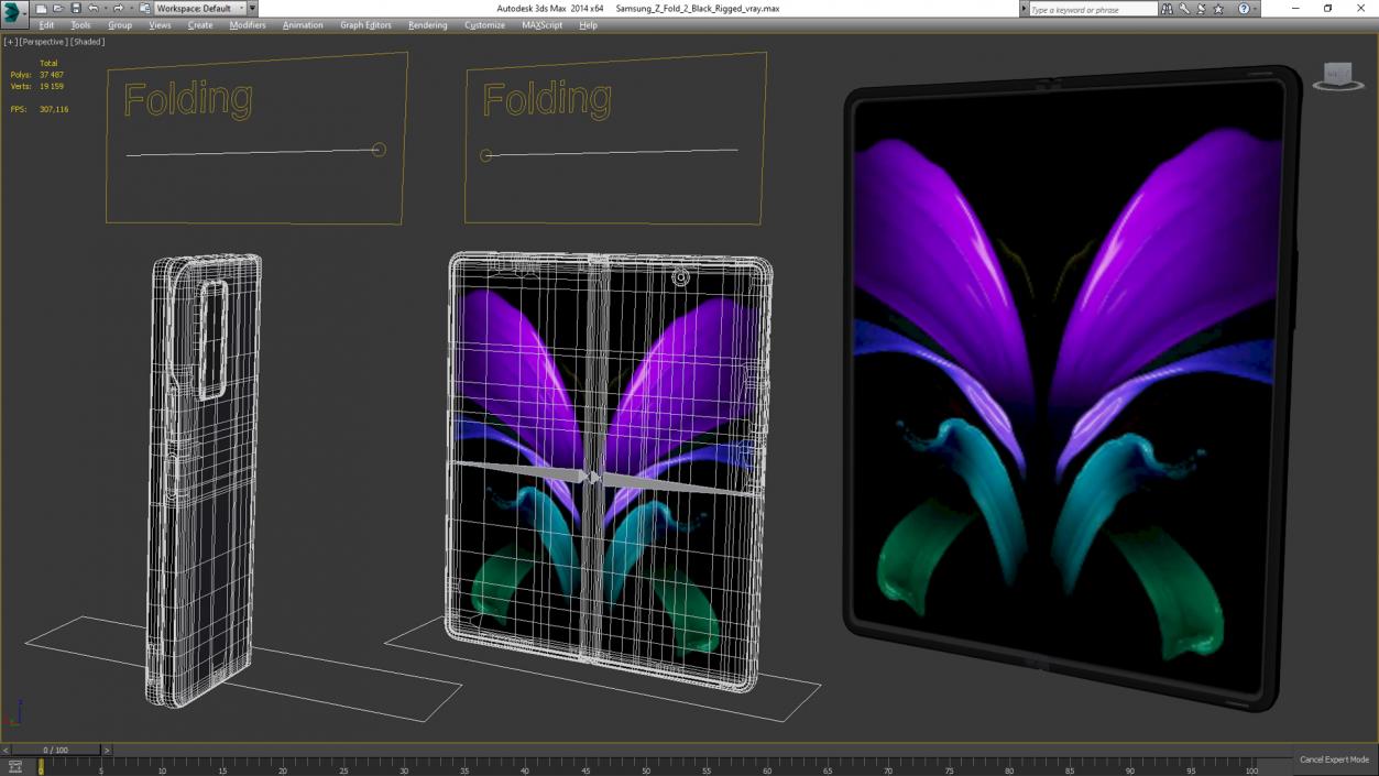 Samsung Z Fold 2 Black Rigged 3D model