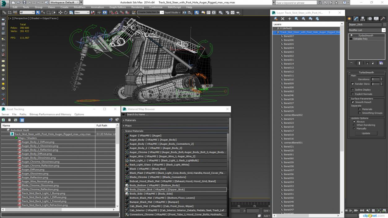 Track Skid Steer with Post Hole Auger Rigged 3D model