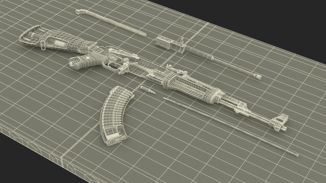 Disassembled AK-47 with a Magazine on the Table 3D