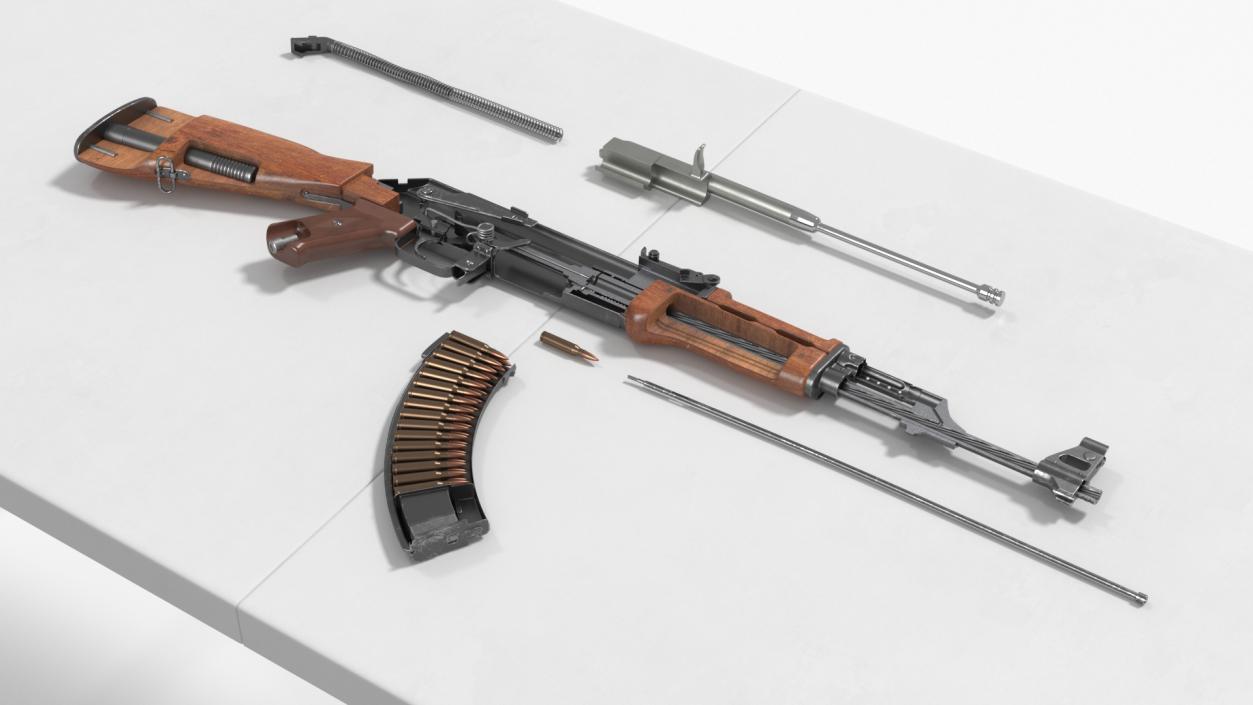 Disassembled AK-47 with a Magazine on the Table 3D