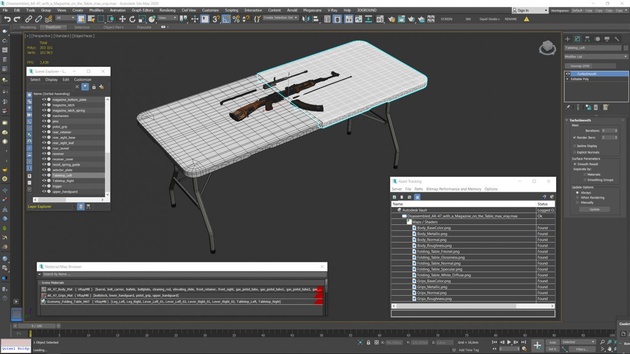 Disassembled AK-47 with a Magazine on the Table 3D