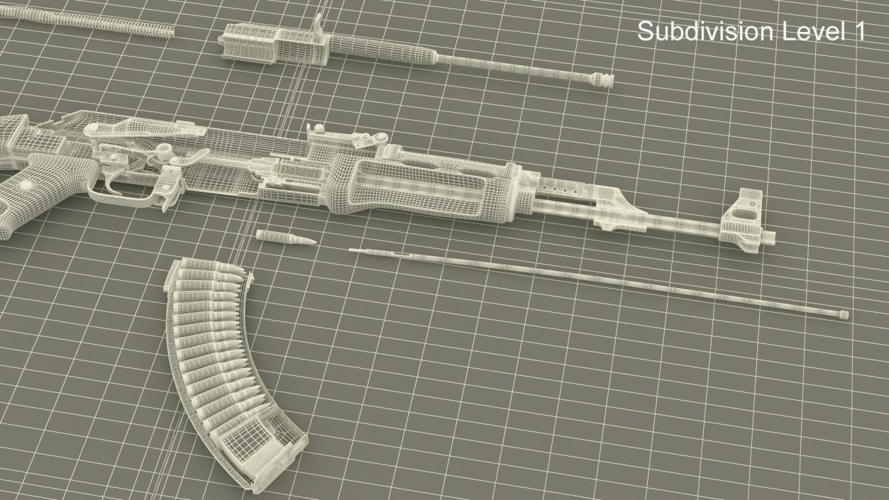 Disassembled AK-47 with a Magazine on the Table 3D