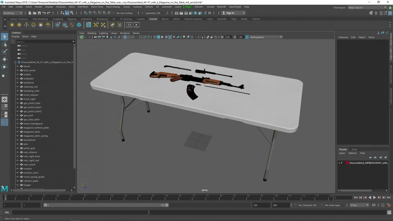 Disassembled AK-47 with a Magazine on the Table 3D