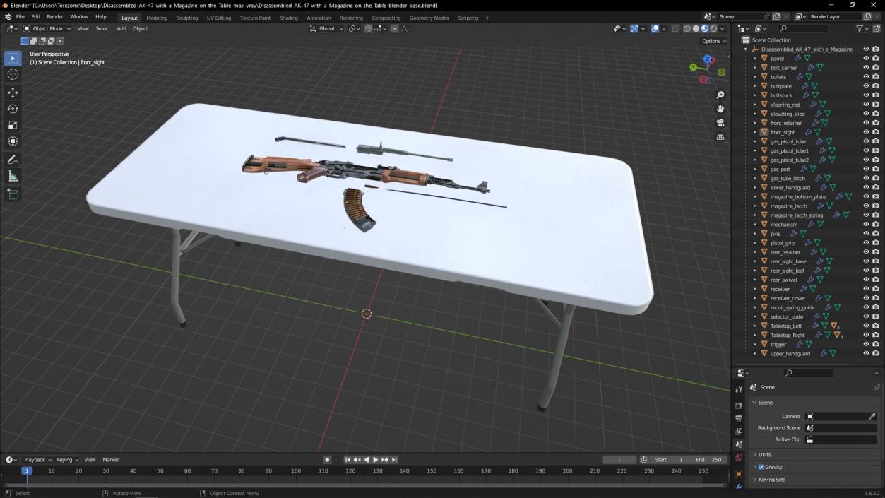 Disassembled AK-47 with a Magazine on the Table 3D