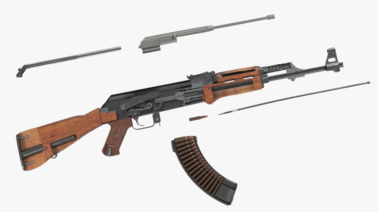 Disassembled AK-47 with a Magazine on the Table 3D