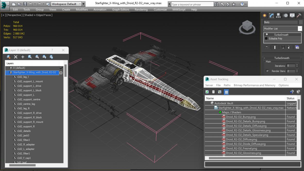 3D model Starfighter X-Wing with Droid R2-D2