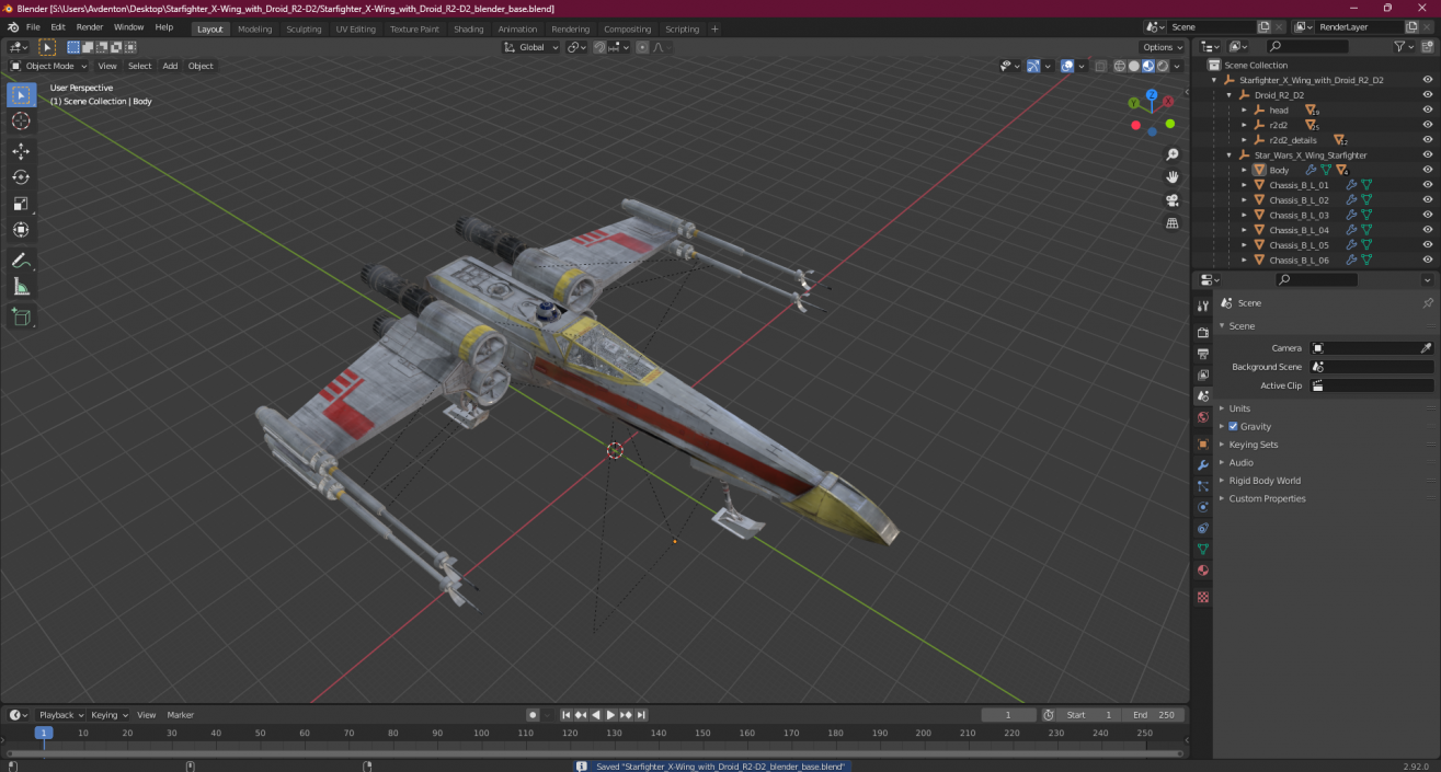 3D model Starfighter X-Wing with Droid R2-D2