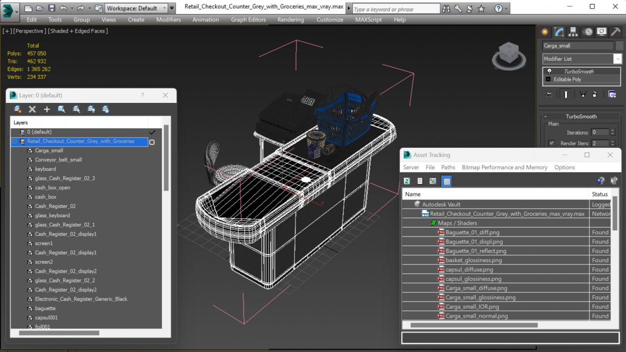 3D Retail Checkout Counter Grey with Groceries model