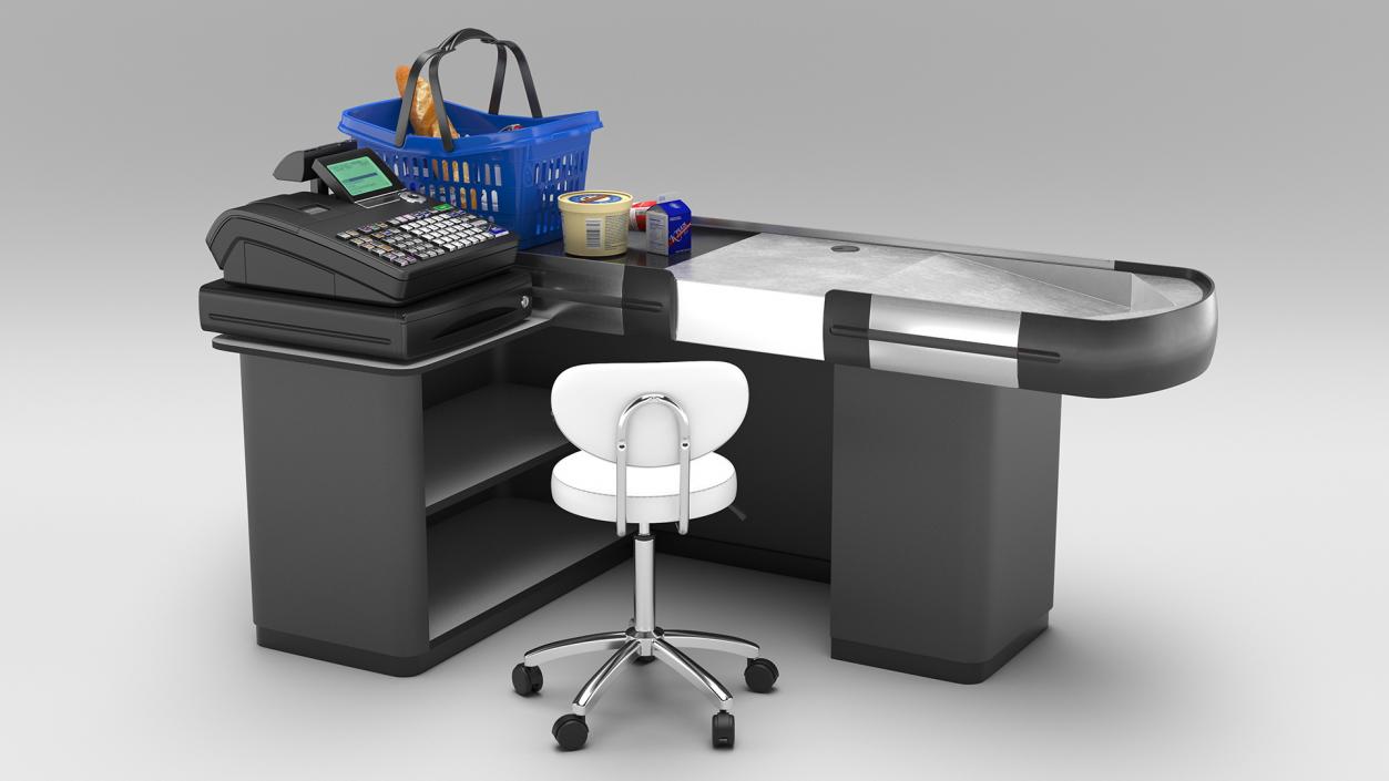 3D Retail Checkout Counter Grey with Groceries model