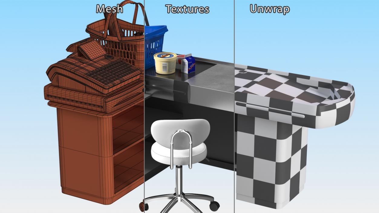 3D Retail Checkout Counter Grey with Groceries model